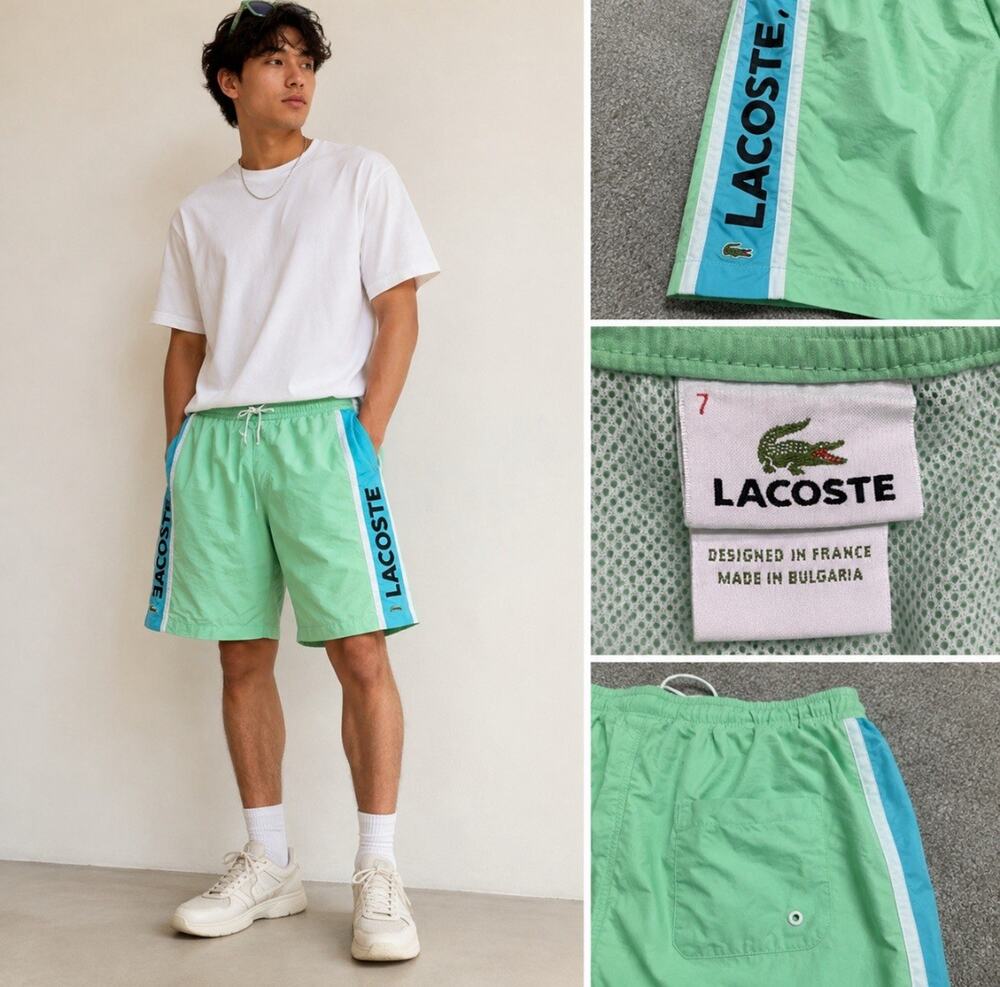 Y2K Indie 00s Lacoste Color Block Spellout Board Shorts 7 Green Blue Old Money